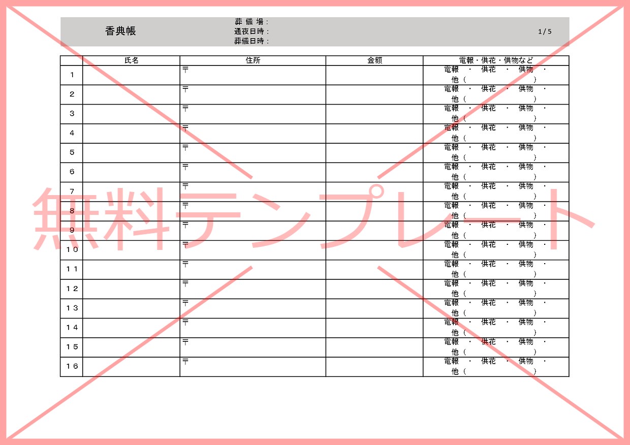 香典返しに使える香典帳の雛形（挨拶状・お礼状・品物・手紙）Excel・Word・PDFの無料テンプレートをダウンロード