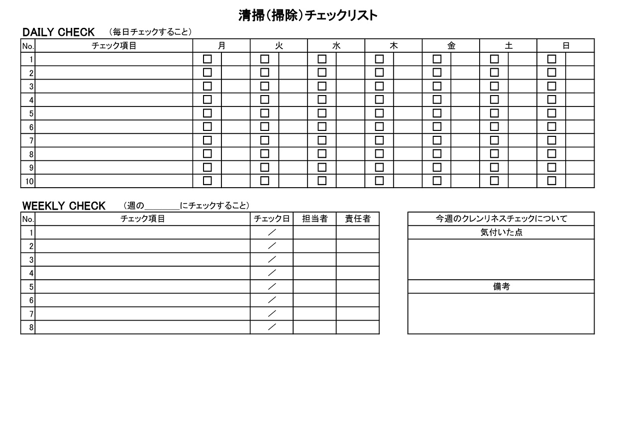 クレンリネスチェック表（飲食店掃除チェック表）清掃手順の