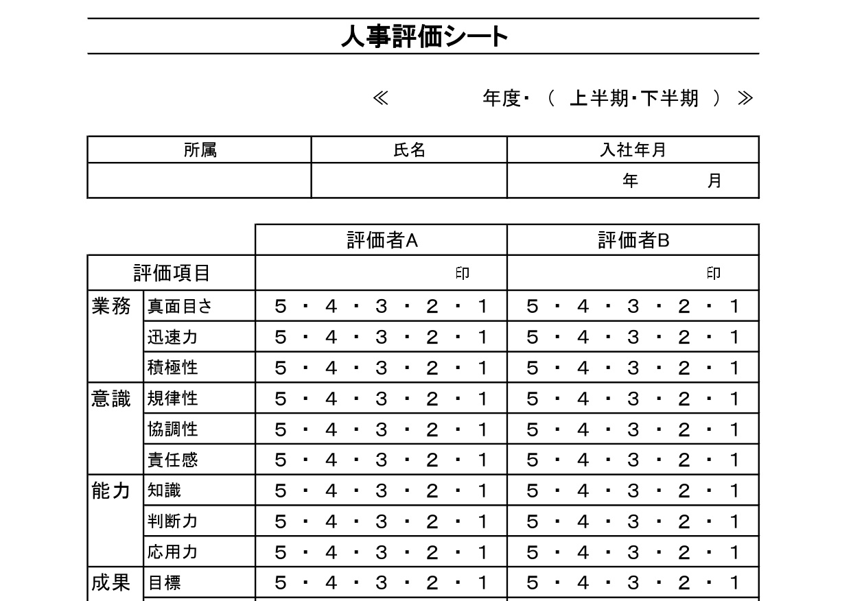 派遣・新人・社員評価表の雛形（自己・人事）項目シートで書