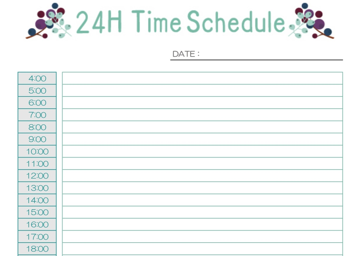1時間刻みの24時間1日のタイムスケジュール（1時間刻み）オシャレに手作りが簡単・Excel・Word・PDFの無料テンプレートをダウンロード